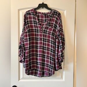 Torrid Womens 2 (2X) Red Wine Black Plaid Half Button Up Twill Tunic Top Shirt